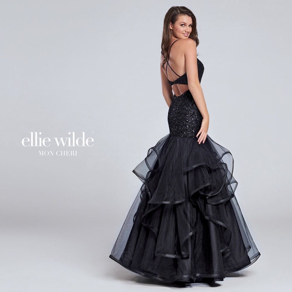 Elle Wilde Mon Cheri Black Beaded Sequins Mermaid Style Prom Dress Size 0